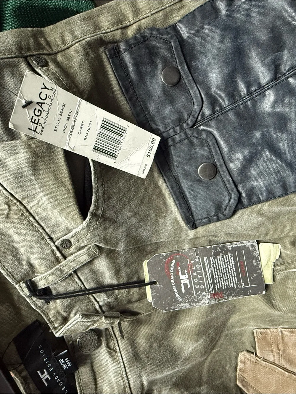Jordan Craig Patchwork jeans in Olive Green with Multi-Panel Details